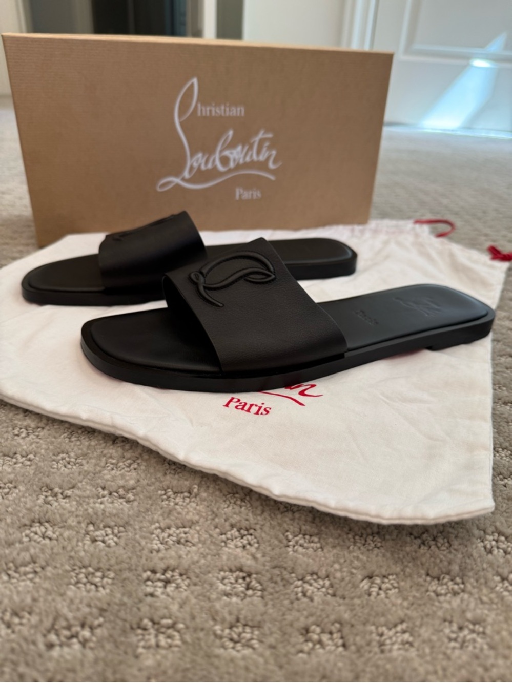 Christian Louboutin Black Embossed Logo Leather Flat Mule Sandal size 41 - Picture 6 of 12
